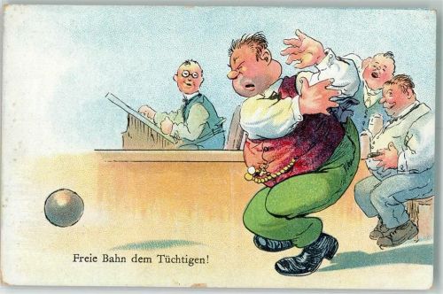 Freie Bahn dem Tüchtigen! Dicker Mann beim ungelenken Wurf der Kugel Bier
