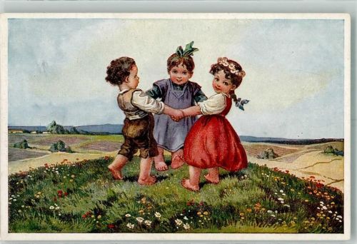 Nr. 378 sign. Untersberger Kinder beim Ringel-Reihen Tanz auf bunter Wiese