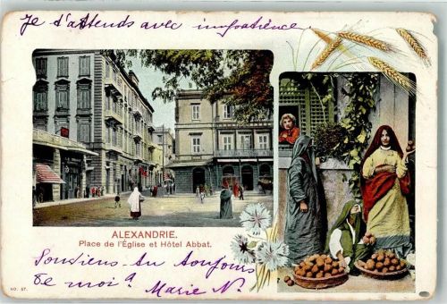 Alexandria Marktszene Tracht Place de l´Eglise Hotel Abbat Lithographie