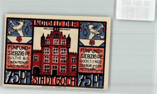 Goch 1922 75 Pfennig Haus zu den Fünf Ringen