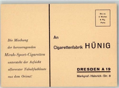 Dresden Mirah-Sport-Cigaretten Cigarettenfabrik Hünig Markgraf Heinrich Straße