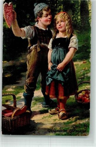 sign. Prof. Schmidt, Hans Junge schenkt Mädchen ein Lebkuchenherz Verlag C. Komst S. 42