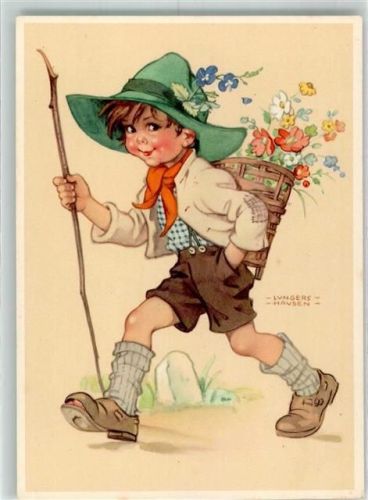 Kind mit Hut Kiepe mit Blumen Verlag Carl Werner Nr. 1002 sign. Lungershausen