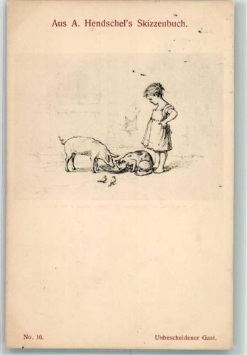 1910 Aus A. Hendschels Skizzenbuch No. 16 Bescheidener Gast Katze und Schwein fressen gemeinsam aus einem Napf Verlag Martin Rommel & Co.