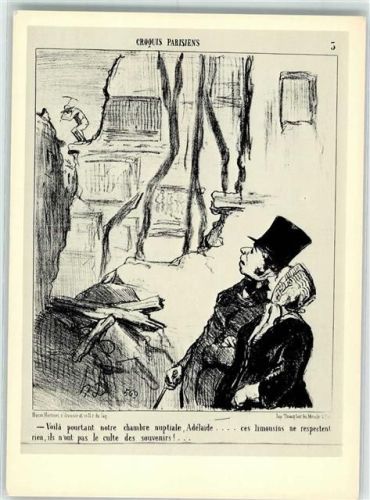 Paris sign. Daumier, Honore Pariser Skizzen Bauarbeiter reißen das alte Haus eines Ehepaares ab Karikatur