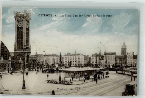 Ostende Bahnhof Straßenbahn Auto La Place Van der Zweep Photochrom