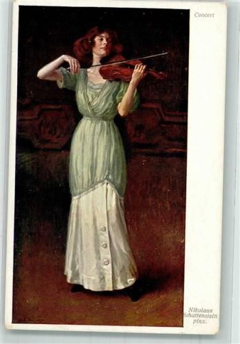 sign. Schattenstein, Nikolaus Elegante junge Frau im grünen Kleid spielt auf der Violine Mode Verlag Wiener Kunst B.K.W.I. Nr. 1681 Geiger Künstlerkarte