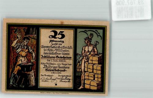 Köln Mülheim 901 1922 25 Pfennig Gewerbe-Bank Jubiläums-Gutschein 25. Bestehen