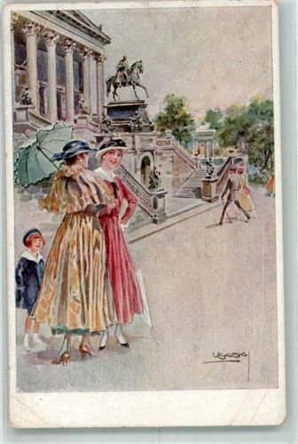 Berlin Mitte Zwei elegante Damen mit Sonnenschirm vor dem Kaiser-Wilhelm-Denkmal Künstlerkarte S. & G.S.i.B. Nr. 123/2