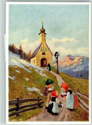 Nr. 4443 Verlag Josef Müller Frühling in den Bergen Ostern Kirchgang Kinder