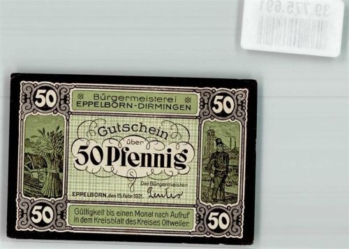 Eppelborn 1921 50 Pfennig Gutschein Kaisereiche