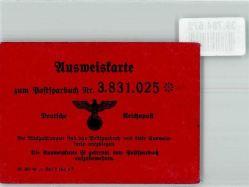 Ausweiskarte zum Postsparbuch der Deutschen Reichspost KEINE AK