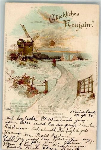1900 Sonnenschein Karte Serie XX Mühle Neujahr Gedicht von Blum