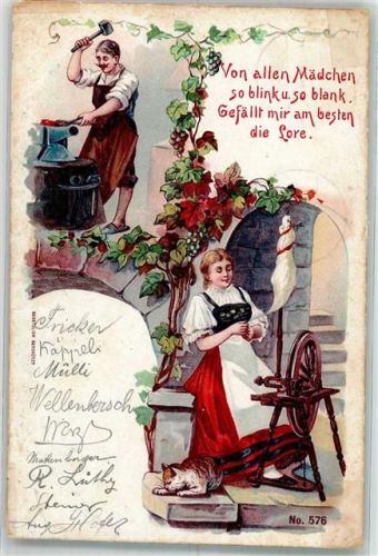 1899 Spinnrad Frau Katze Lithographie
