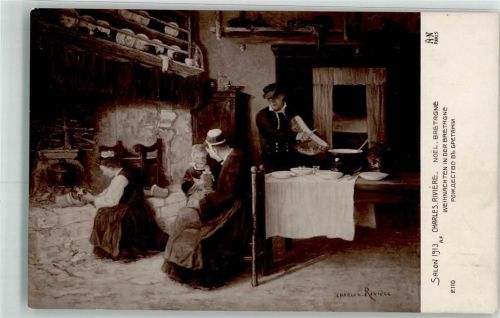 1913 Nr. 2110 Salon 1913 sign. Charles Riviese Noel Btretagne offene Feuerstelle Bauernfamilie Weihnachten