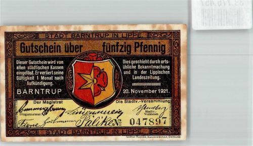 Barntrup 1921 50 Pfennig Gutschein No. 047897 Altes Rathaus m. Kirche