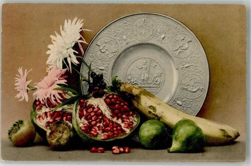 1913 Stillleben Exotische Früchte Wandteller Banane Granat Apfel Verlag Martin Rommel Nr. 636 Farbenlichtdruck