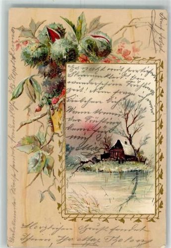 1901 Ein einsames Haus unter einem kahlen Baum an einem vereisten Gewässer Distel