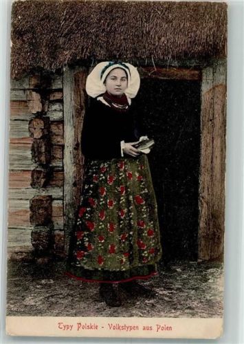 Junge Frau in Tracht vor ihrer Stroh gedeckten Hütte Feldpost WK I 83. Infanterie Division Tracht Polen 1915 Gebrauchsspuren