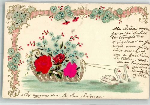 1907 mit Echstoffaplikation Rosen Vergissmeinnicht Jugendstil