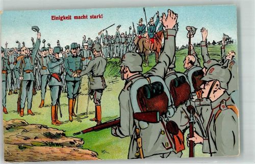 1914 Landser beider Nationen in Uniform reichen sich die Hände Feldpost WK I München
