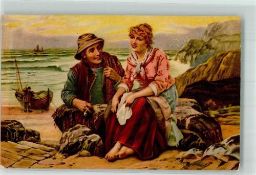 1918 sign. Kemm Fischer mit junger Frau am Meeresstrand No. 1235