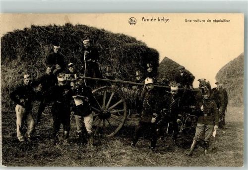 1914 Soldaten in Uniform gruppiert um einen Leiterwagen Verlag Nels Feldpost WK I 5. Res.-Div.