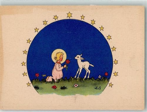 Das Christuskind mit einem Schaf Lamm auf einer nächtlichen Blumenwiese Christlicher Anlass Künstlerkarte