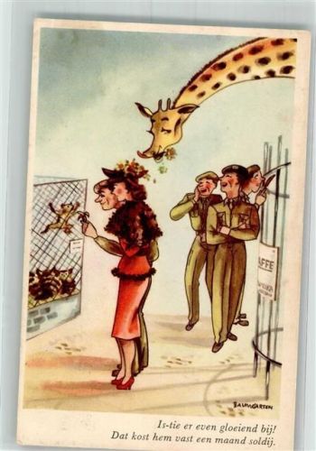 Soldaten amüsieren sich über Giraffe die von Frau im Zoo den Hutschmuck frisst Humor Künstlerkarte