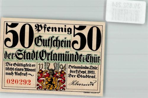 Orlamünde 1921 50 Pfennig Gutschein No. 020292