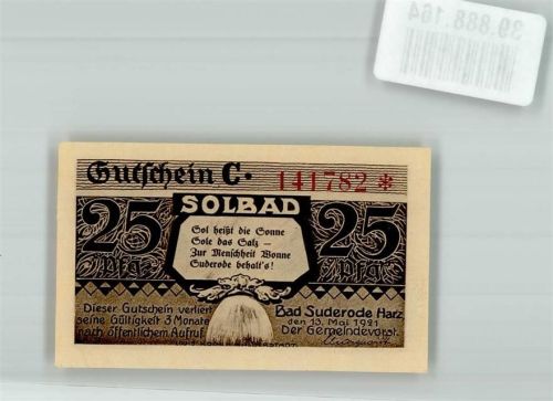 Bad Suderode 1921 25 Pfennig Gutschein Solbad C 141782