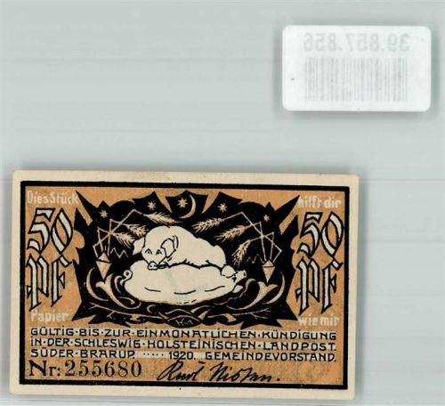 Süderbrarup 1920 Gutschein über 50 Pfennig Windmühle Schwein