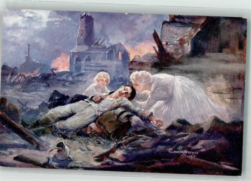 1915 sign. Kiesslich Frau und Kind im Traum bei sterbenden deutschen Soldaten Verlag Hermann Wolff 733