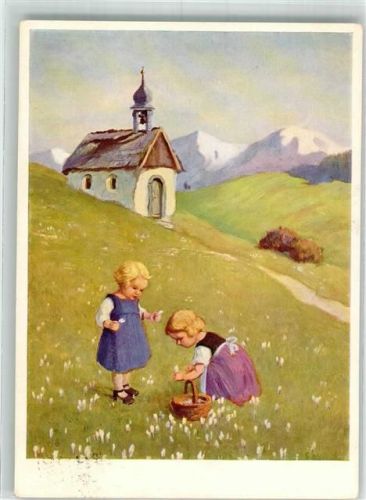 1957 Verlag Josef Müller Nr. 14244 Ostern Kinder pflücken Blumen , Kapelle