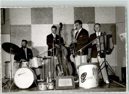 Rheinkamp Musikgruppe Saxophon Cello Akkordeon Ort handschriftlich Foto Original aus Archiv eines Ansichtskartenverlags