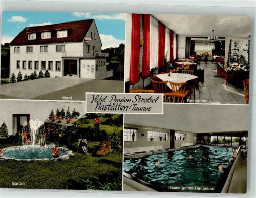 56355 W5428 Nastätten Werbe AK Hotel Pension Strobel Schwimmbad Gaststube Garten