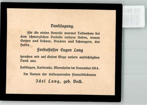 79576 W7858 Haltingen 1914 KEINE AK Danksagung für die Anteilnahme an dem verstorbenen Forstassessors Eugen Lang