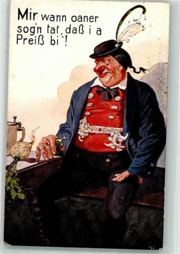 1912 Ein als Bayer verkleideter Tourist in Tracht mit Schnupftabak im Gasthaus