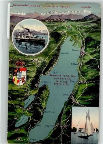 Dießen Vogelschau vom Ammersee mit Karwendelgebirge Raddampfer Hüttenstempel Kloster Andechs