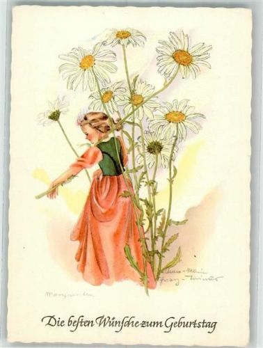 sign. Schwarz-Torinus Junge kleine Frau pflückt Wiesenblumen Geburtstag