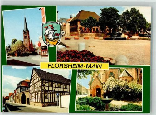 65439 W6093 Flörsheim am Main - Ev. Kirche Gasthaus zum Hirsch Berliner Brunnen Fachwerkhaus