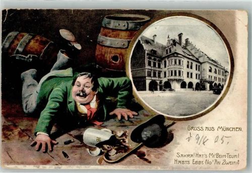 W8000 München Angetrunkener Mann fällt über Bierfass Humor Verlag Zieher, Ottmar Hofbräuhaus 1905 Werbe AK