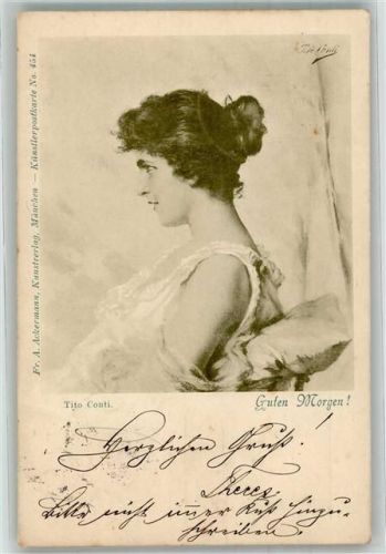 1898 sign. Conti, Tito Junge dunkelhaarige Frau im Nachthemd Verlag Ackermann No. 454