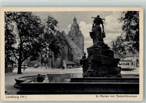 Landsberg a.d. Warthe Kirche St. Marien Denkmal Paukschbrunnen Straßenbahn Foto AK