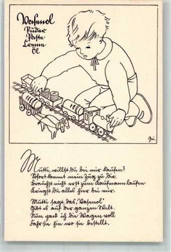Vasenöl Kinderpostkarte zum Ausmalen Spielzeug Eisenbahn Werbung