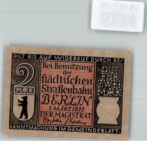 Berlin, unsortiert 2 Mark f. städt. Straßenbahn 1922 Potsdamer Bahnhof 1838 Nr. 273204
