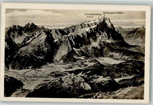 Zugspitze sign. Preuss Vogelschau von Zugspitzmassiv und Eibsee Hüttenstempel