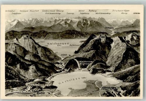 Urfeld Vogelschau der Gegend um Kochel- und Walchensee mit Alpenpanorama