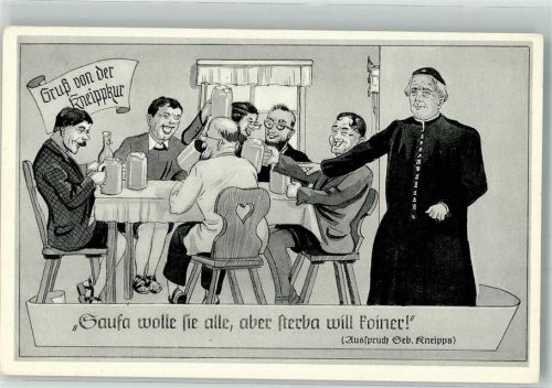Bier trinkende Kurgäste und ein tadelnder Dr. Kneipp Humor