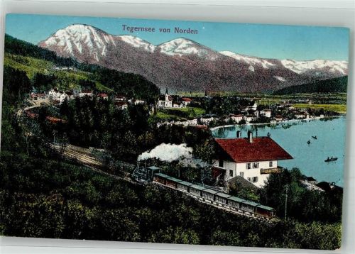 Tegernsee 1912 Eine Dampflokomotive oberhalb von Ort und See Verlag Lehrburger 12134